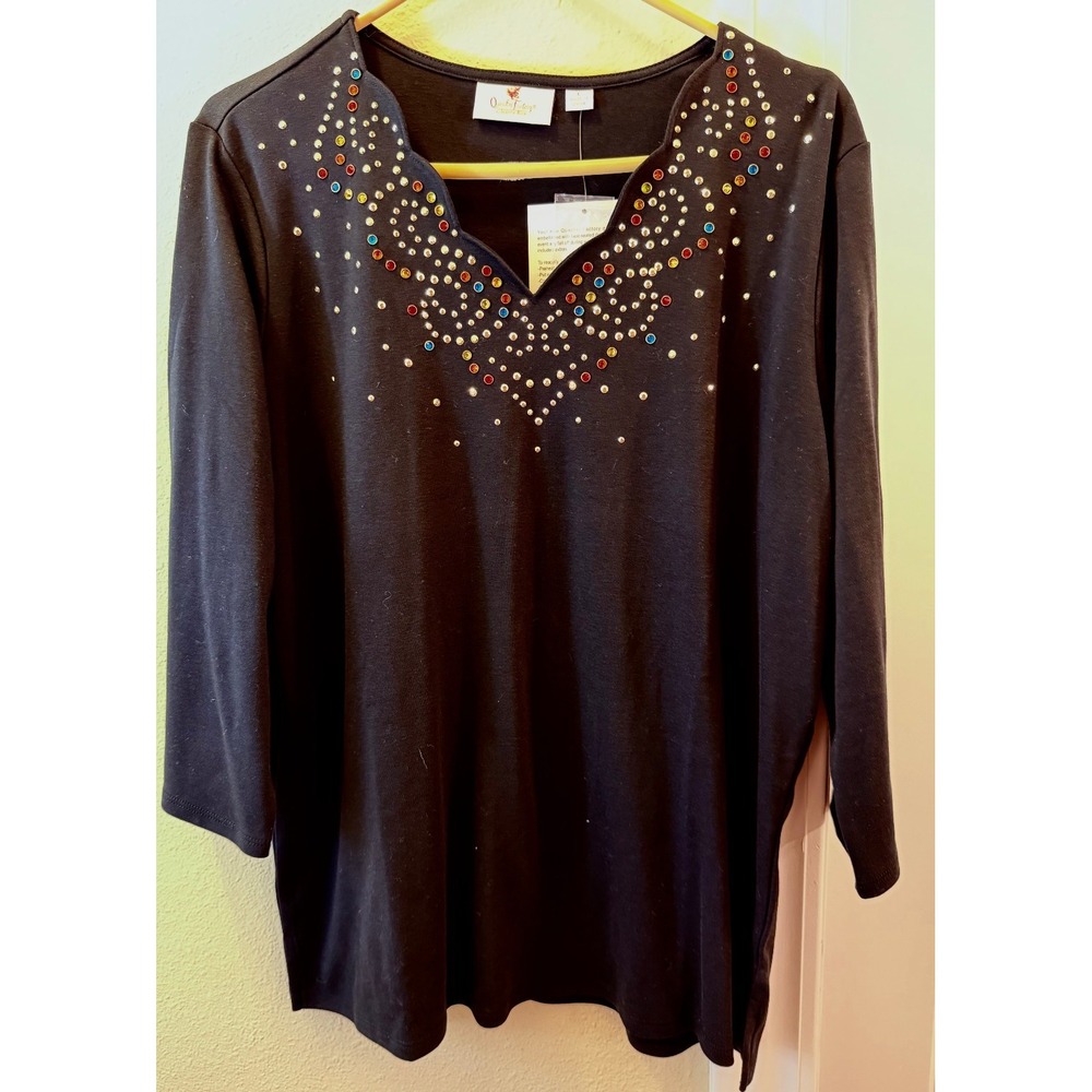 NWT Quacker Factory Large 3/4 sleeve Black V-neck Bedazzled Top - QVC Bling Glam